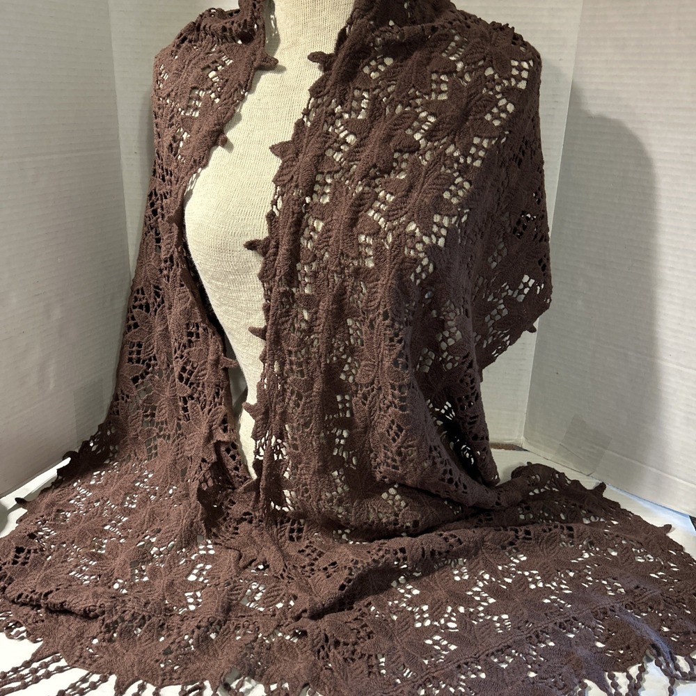 House Of Harlow Lace Crochet Shawl Scarf Brown Fringe NWT